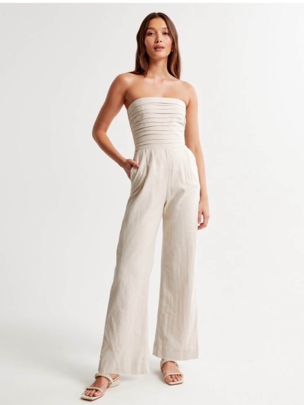 Abercrombie & Fitch Emerson Linen-Blend Ruched Strapless Jumpsuit, Size XSP